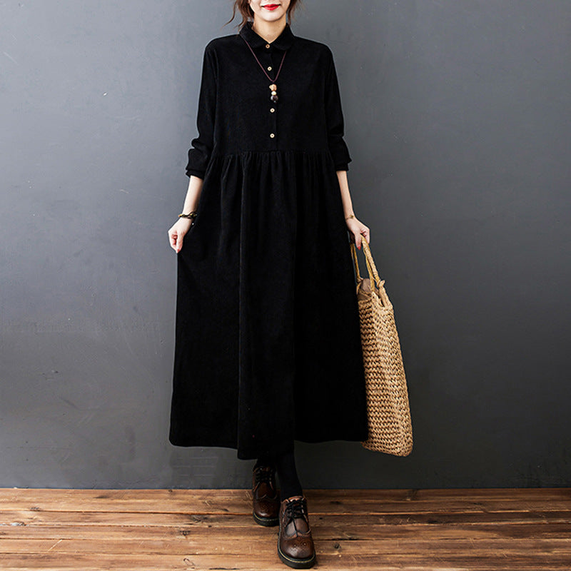 Vintage Ladies Maxi Dress with Long Sleeves and Button Closure