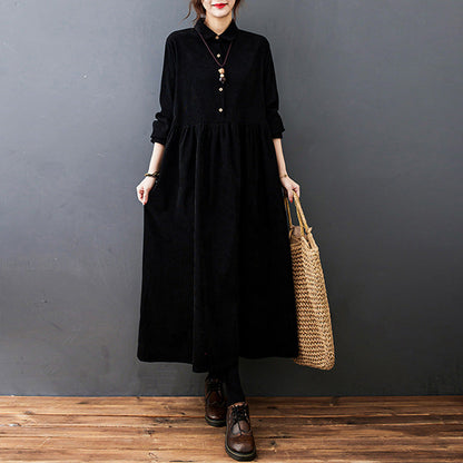 Vintage Ladies Maxi Dress with Long Sleeves and Button Closure