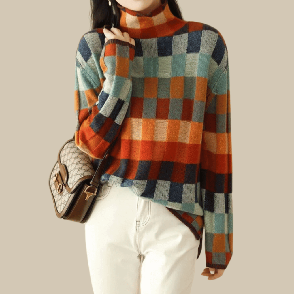 Ladies' Playful Turtleneck with Patchwork Check Pattern