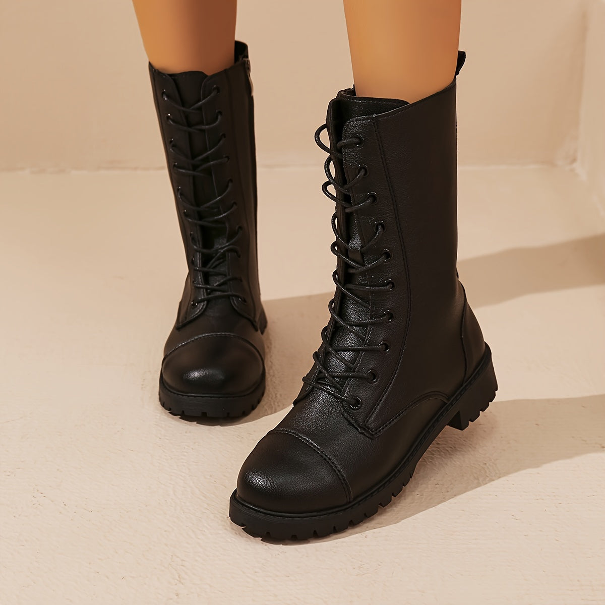 Black Ladies Lace-Up Ankle Boots with Zip Fastening and Comfortable Profile Sole