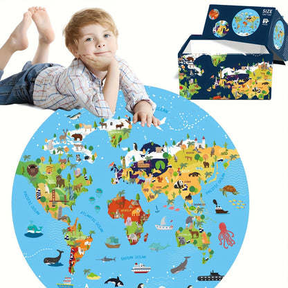 Rompecabezas de suelo de 70 piezas con animales – Diseño de mapa del mundo redondo para niños