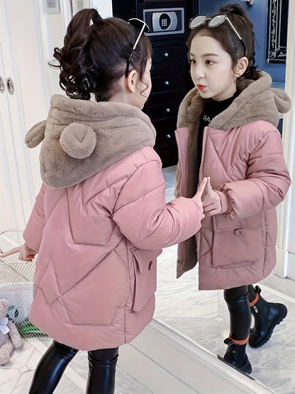 Girls' Winter Cute Polyester Parka with Hood and Zip Detail - Denice