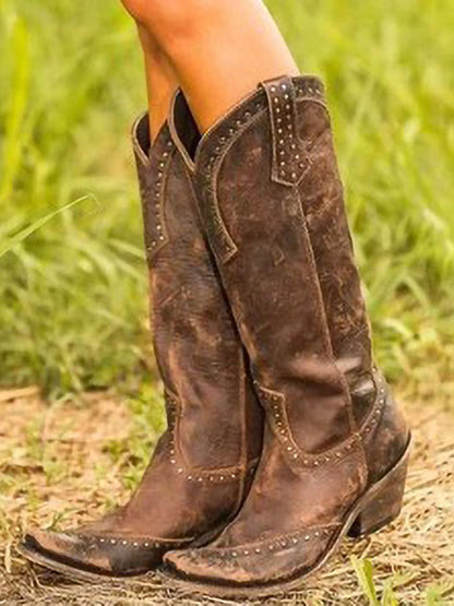Ladies' Stylish Knee-High Cowboy Boots with Studs and Pointed Toe