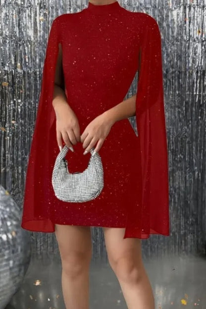 Mini Glitter Party Dress with Flowing Mesh Sleeves and Tailored Fit