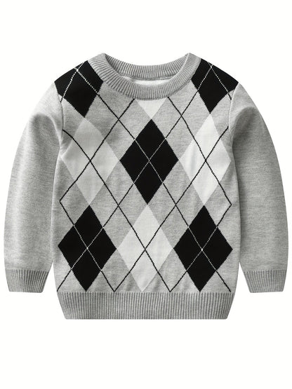 Boys' Long Sleeve Knitted Sweater with Argyle Pattern - Alvino