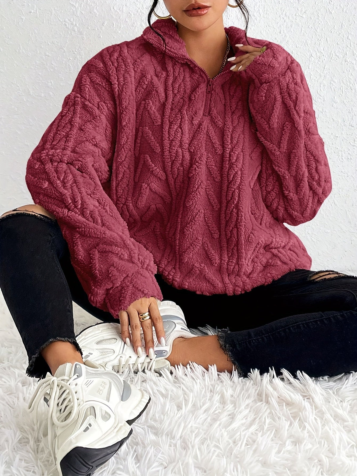 Ladies Soft Teddy Jumper with Quarter Zip and Cable Knit