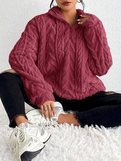 Ladies Soft Teddy Jumper with Quarter Zip and Cable Knit