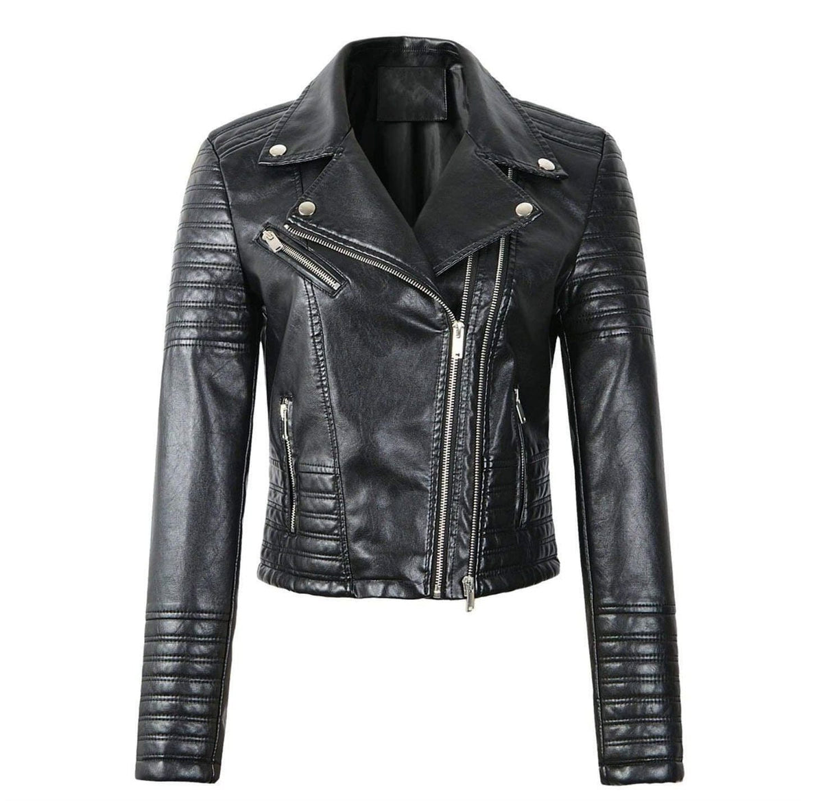 Black Leather Women's Jacket with Zip Pockets