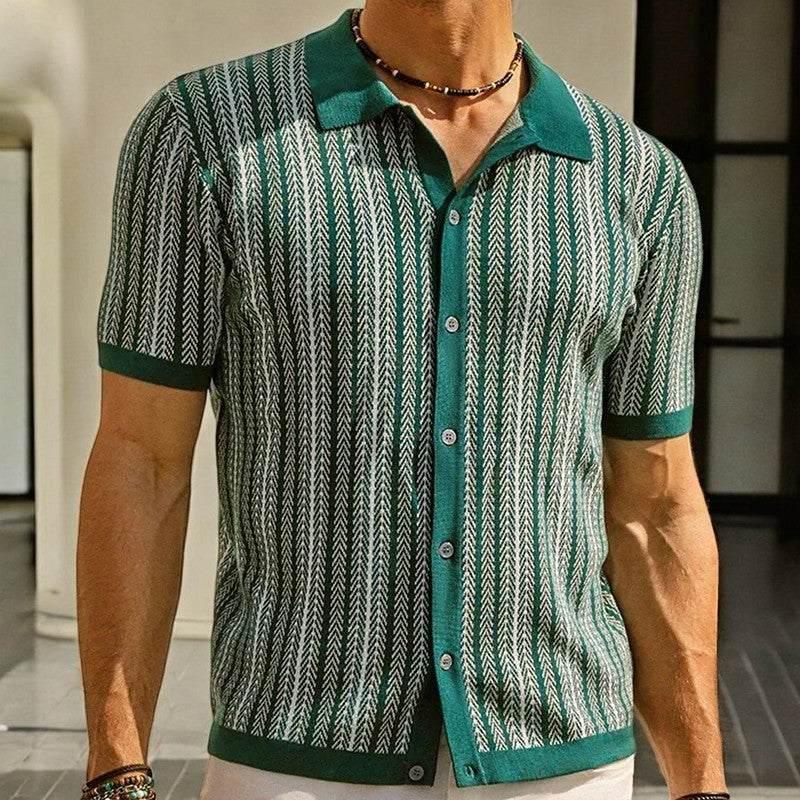 Camicia da uomo a maniche corte con motivo a spina di pesce, per uno stile casual
