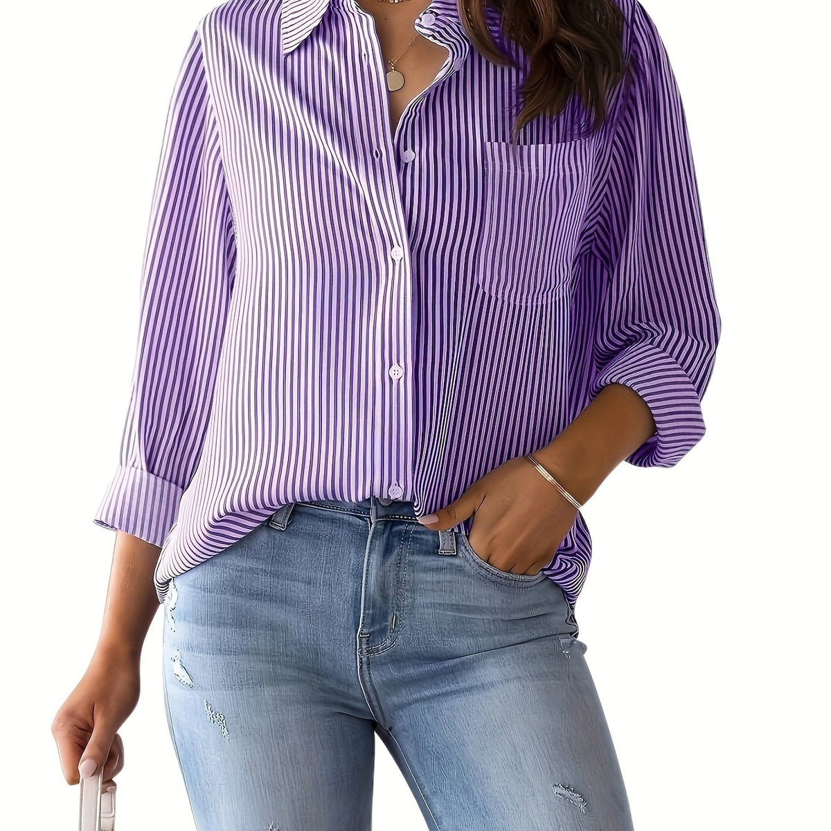 Chic Ladies Striped Blouse with Collar and Button Closure