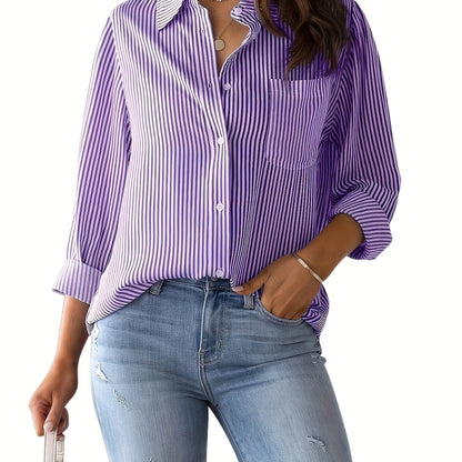 Chic Ladies Striped Blouse with Collar and Button Closure