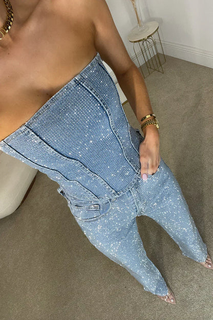 Ensemble à paillettes pour femme avec crop top bustier à sequins et jean