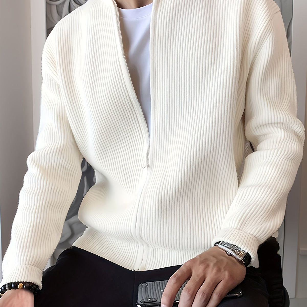 Cardigan da uomo a coste con zip – Vestibilità comoda per autunno e inverno