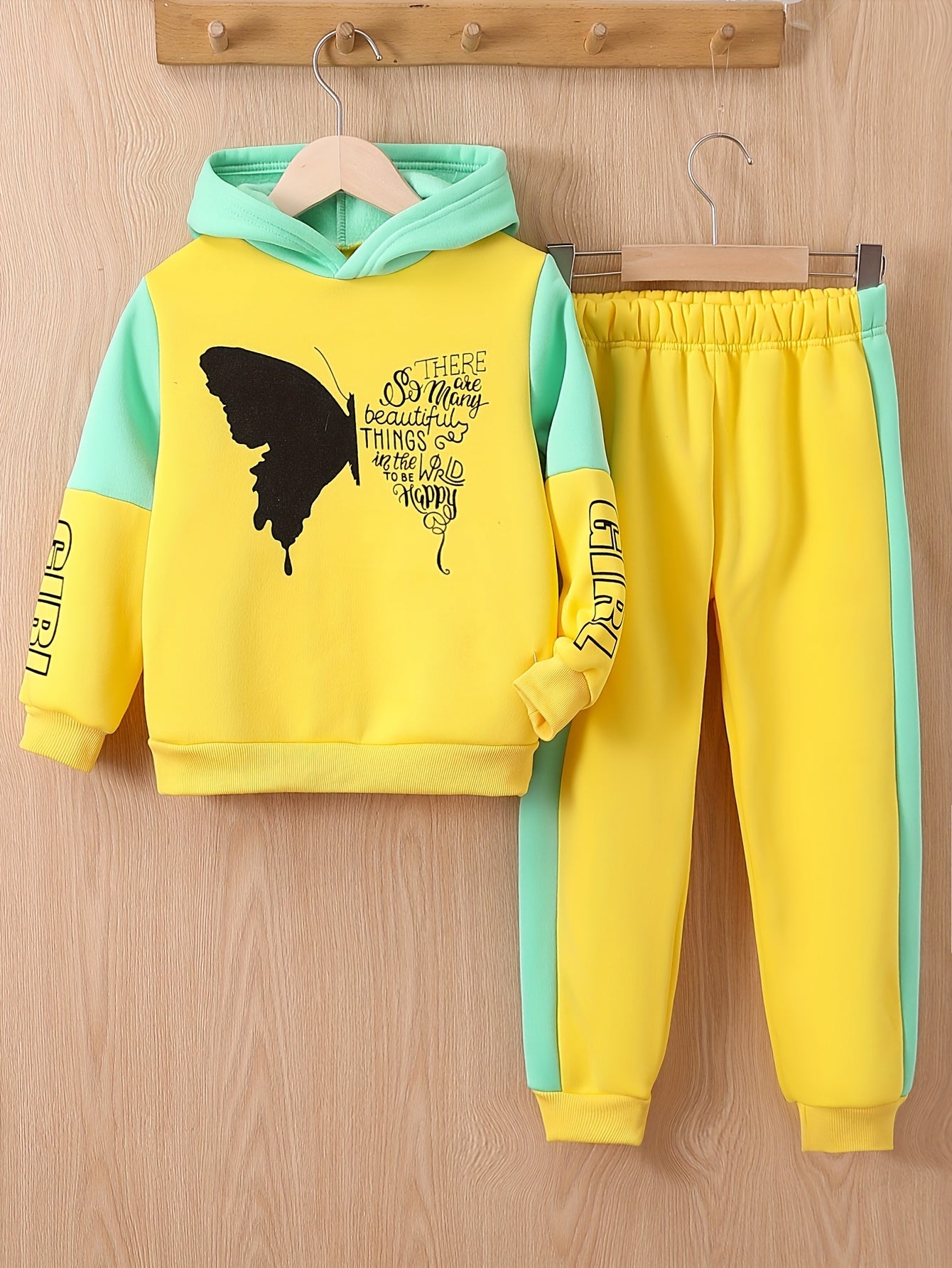 2-piece girls fleece hoodie sweater with butterfly print pants - Angel