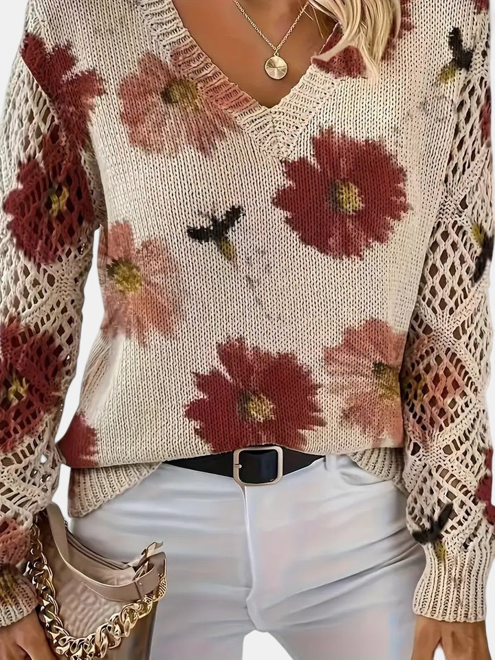 Ladies' Knitted Jumper with Floral Print and V-Neck