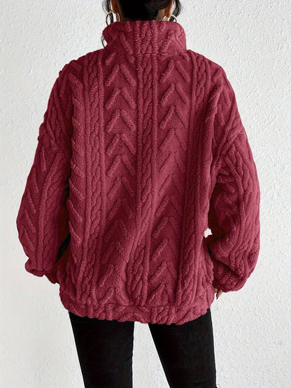 Ladies Soft Teddy Jumper with Quarter Zip and Cable Knit