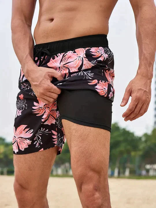 Pantaloncini da bagno da uomo in tessuto ad asciugatura rapida con fodera contenitiva