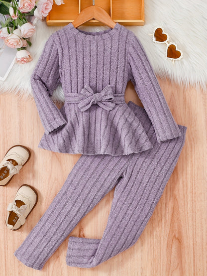 Girls' Kids 2-Piece Casual Round Neck Long Sleeve Top with Bow & Trousers - Ember
