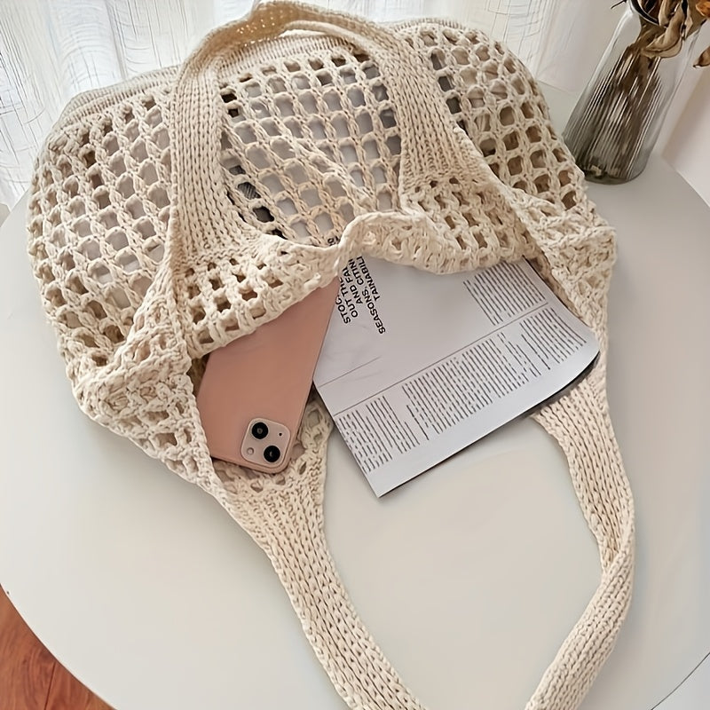 Borsa da spiaggia intrecciata a rete aperta, capiente, da donna