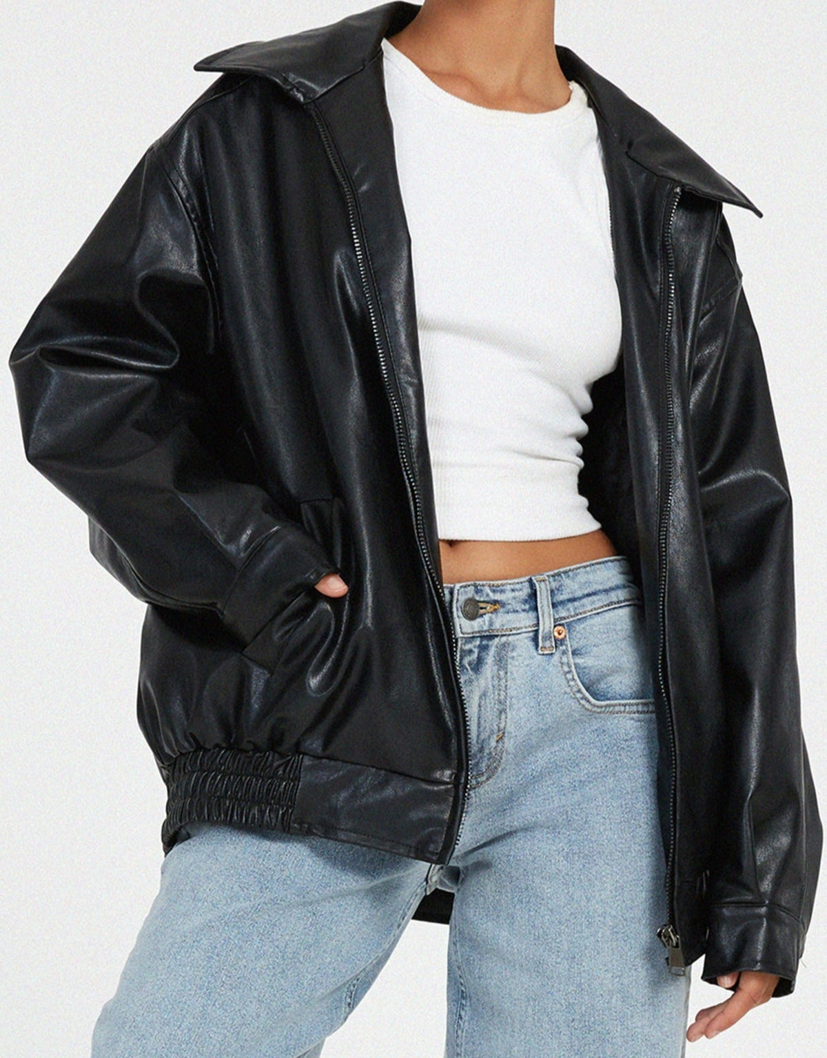 Oversized Leather Jacket for Women with Zip