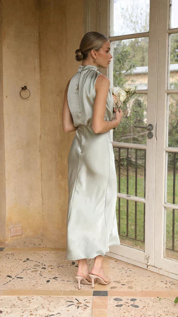 Robe de soirée midi en satin, à col licou et dos nu