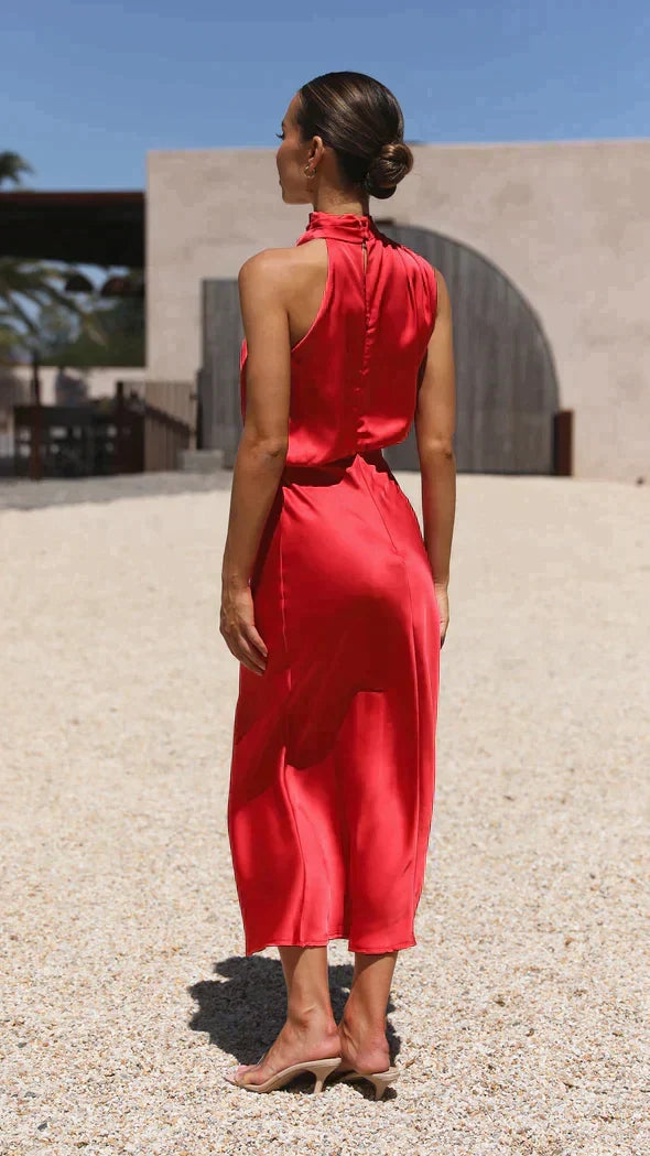 Robe de soirée midi en satin, à col licou et dos nu