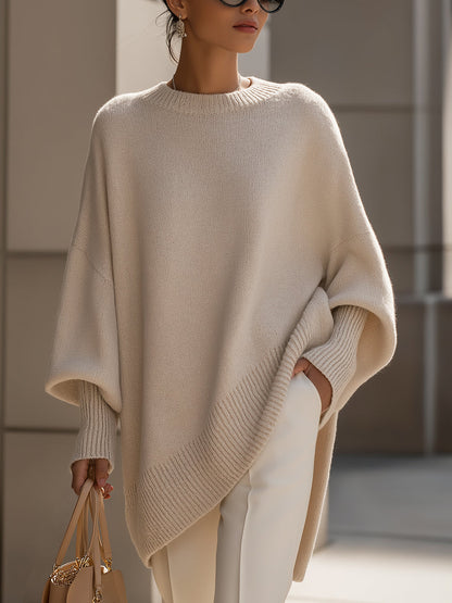Ladies Luxe Knitted Jumper with Round Neck and Asymmetrical Hem