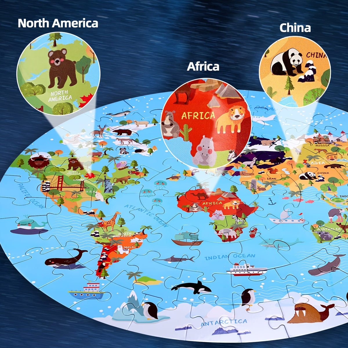 Rompecabezas de suelo de 70 piezas con animales – Diseño de mapa del mundo redondo para niños