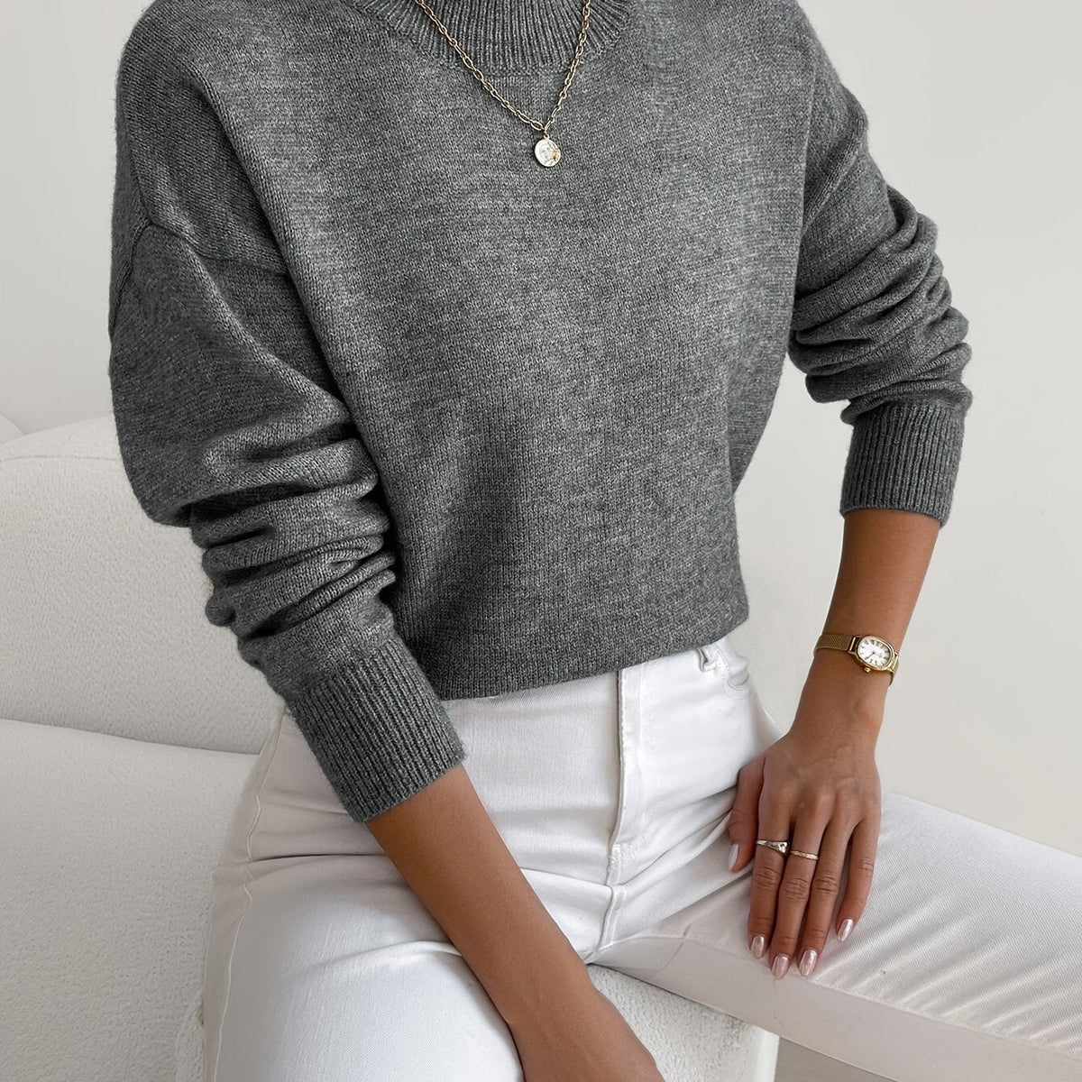 Ladies' Knitted High Neck Jumper with Long Sleeves for Autumn Winter
