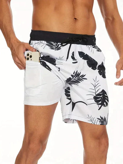 Pantaloncini da bagno da uomo in tessuto ad asciugatura rapida con fodera contenitiva
