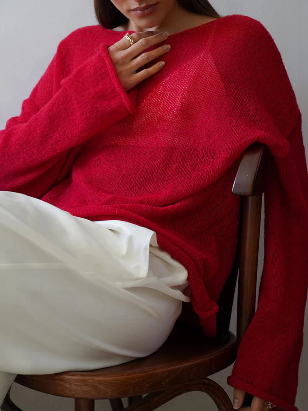 Ladies' Airy Fine Knit Jumper with Wide Sleeves
