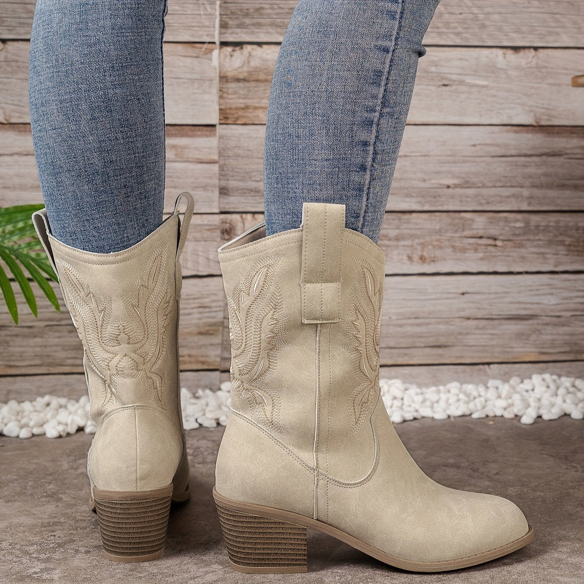Ladies Beige Western Cowboy Boots Calf High with Block Heel and Side Zip