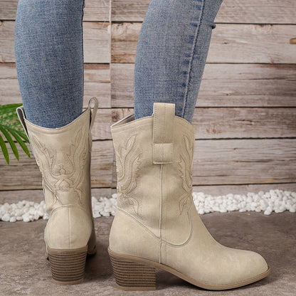 Ladies Beige Western Cowboy Boots Calf High with Block Heel and Side Zip
