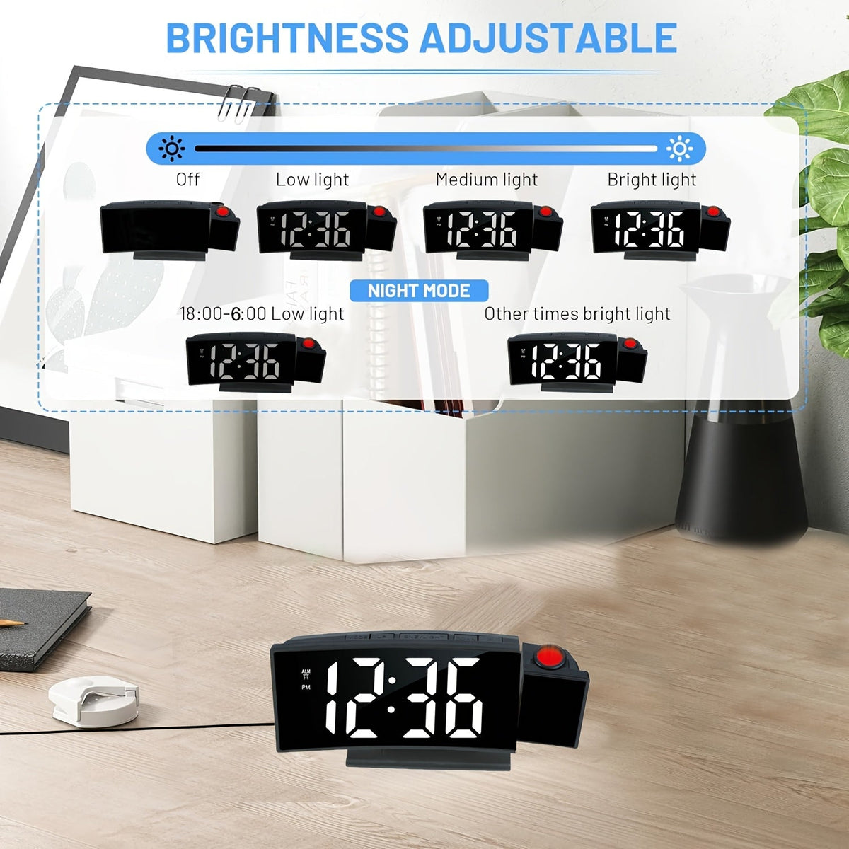 Digital Projection Alarm Clock – LED Display with Snooze Function and Adjustable Brightness