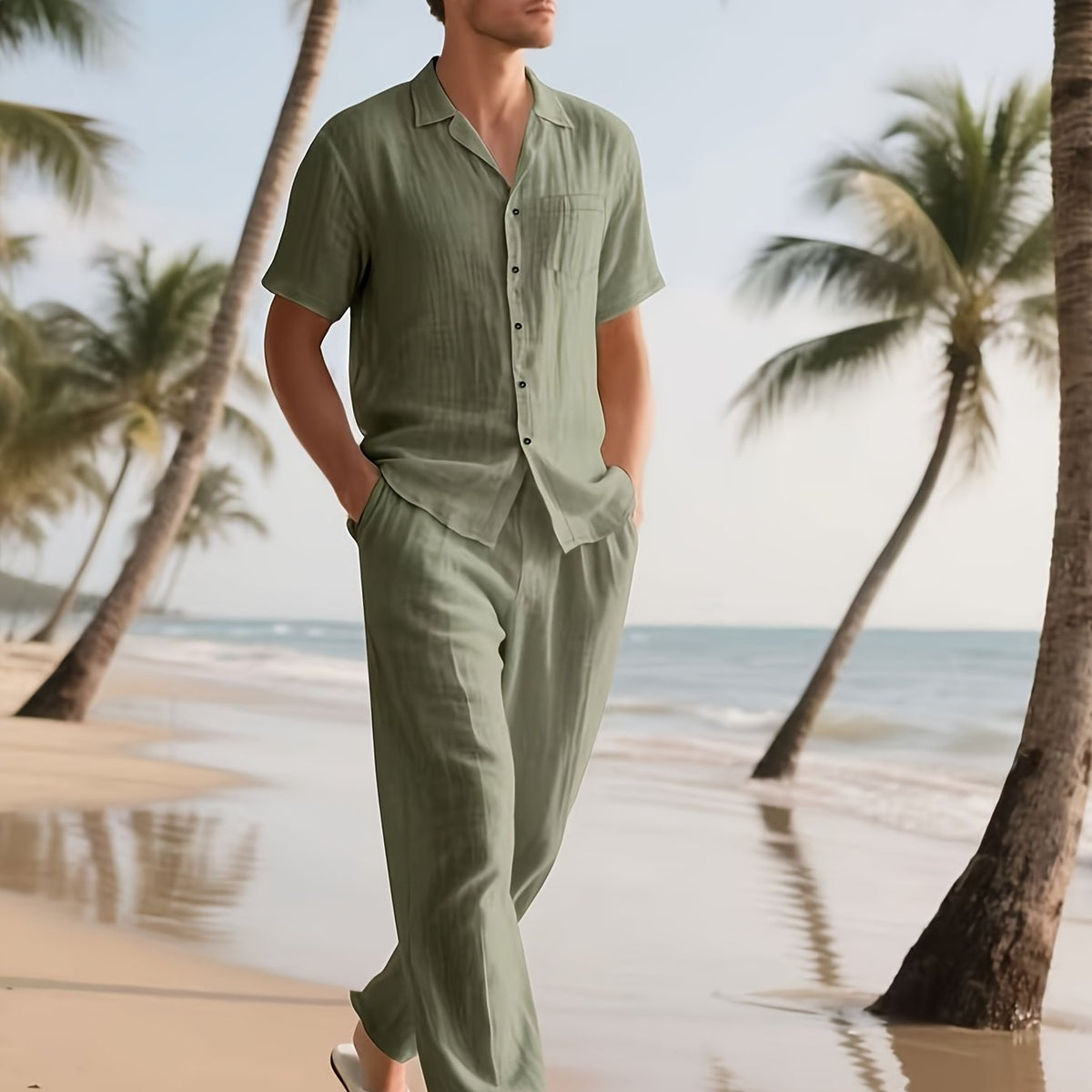 Completo casual da uomo in lino – Comodo e leggero, con pantaloni lunghi e maniche corte