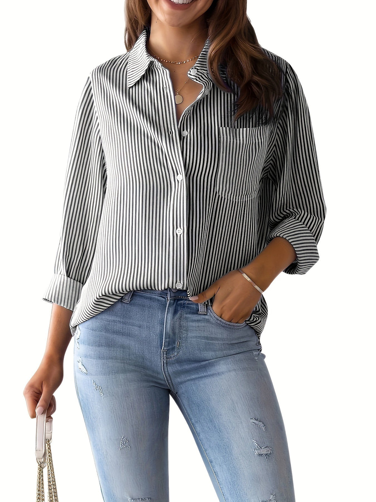 Chic Ladies Striped Blouse with Collar and Button Closure