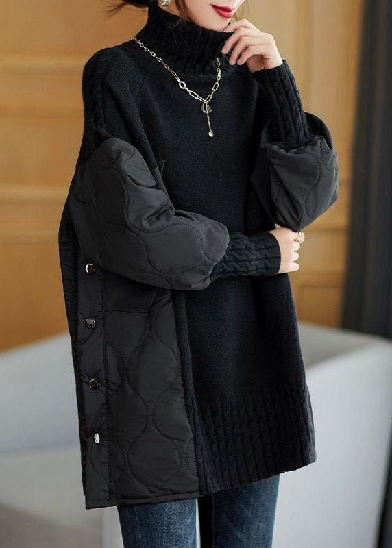 Ladies Long Roll Neck Sweater with Padded Panels and Cable Cuffs