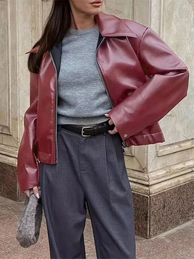 Leather jacket with wide collar