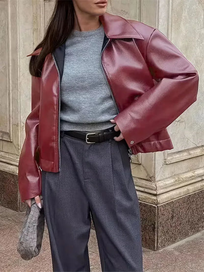 Leather jacket with wide collar