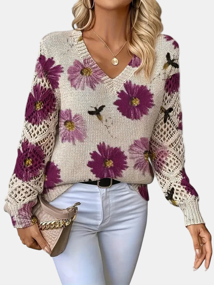Ladies' Knitted Jumper with Floral Print and V-Neck