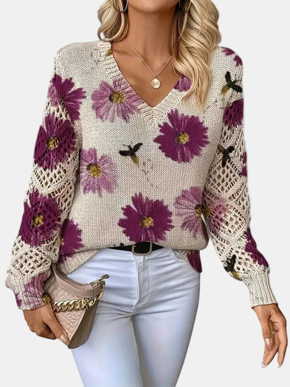 Ladies' Knitted Jumper with Floral Print and V-Neck