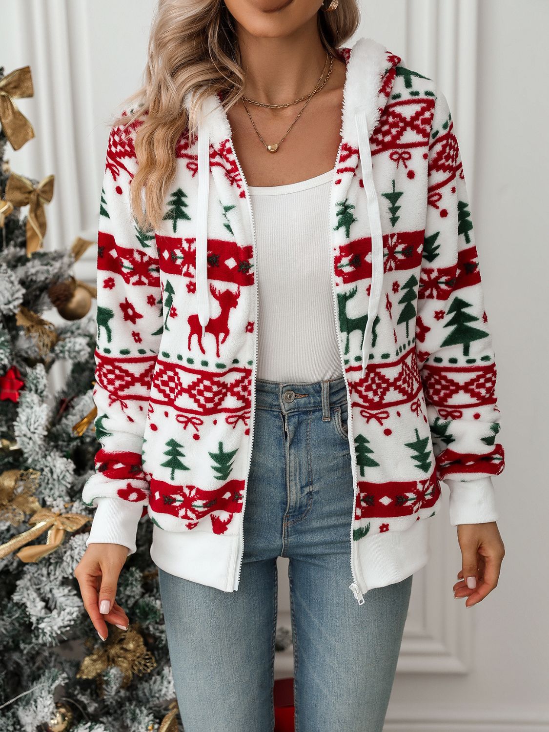 White Christmas Hoodie for Women with Reindeer Print, Knitted and Warm