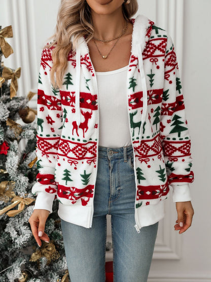 White Christmas Hoodie for Women with Reindeer Print, Knitted and Warm
