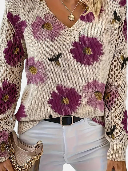 Ladies' Knitted Jumper with Floral Print and V-Neck