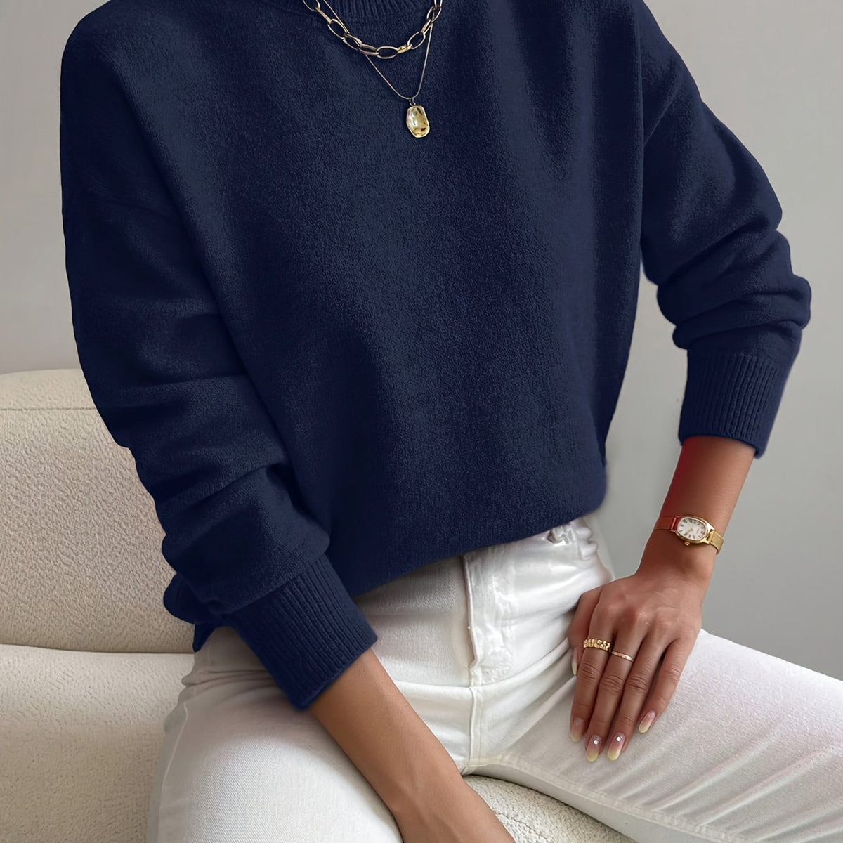 Ladies' Knitted High Neck Jumper with Long Sleeves for Autumn Winter