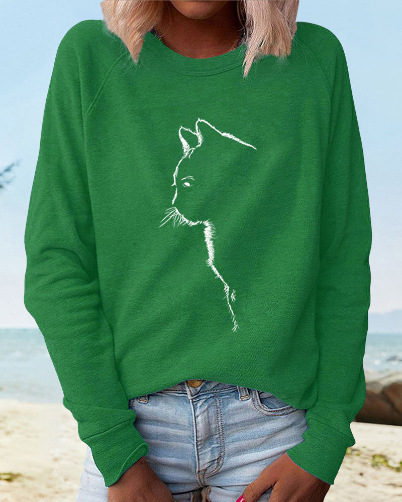 Ladies' Cat Print Sweater with Round Neck