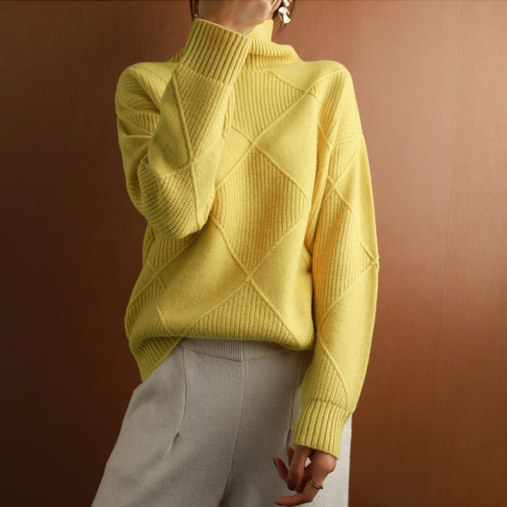 Autumn Knitted Roll Neck with Check Pattern Warm and Soft for Women