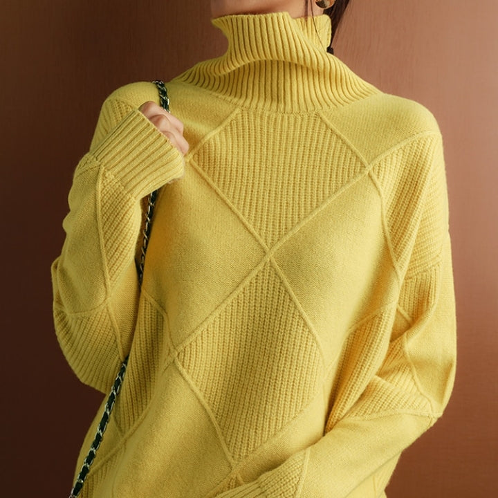 Autumn Knitted Roll Neck with Check Pattern Warm and Soft for Women