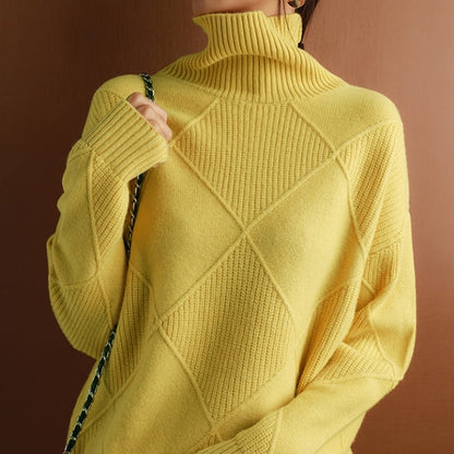 Autumn Knitted Roll Neck with Check Pattern Warm and Soft for Women