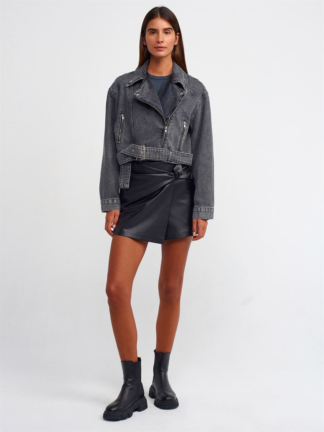 Grey Denim Jacket with Asymmetrical Zip and Buckle Detail for Women